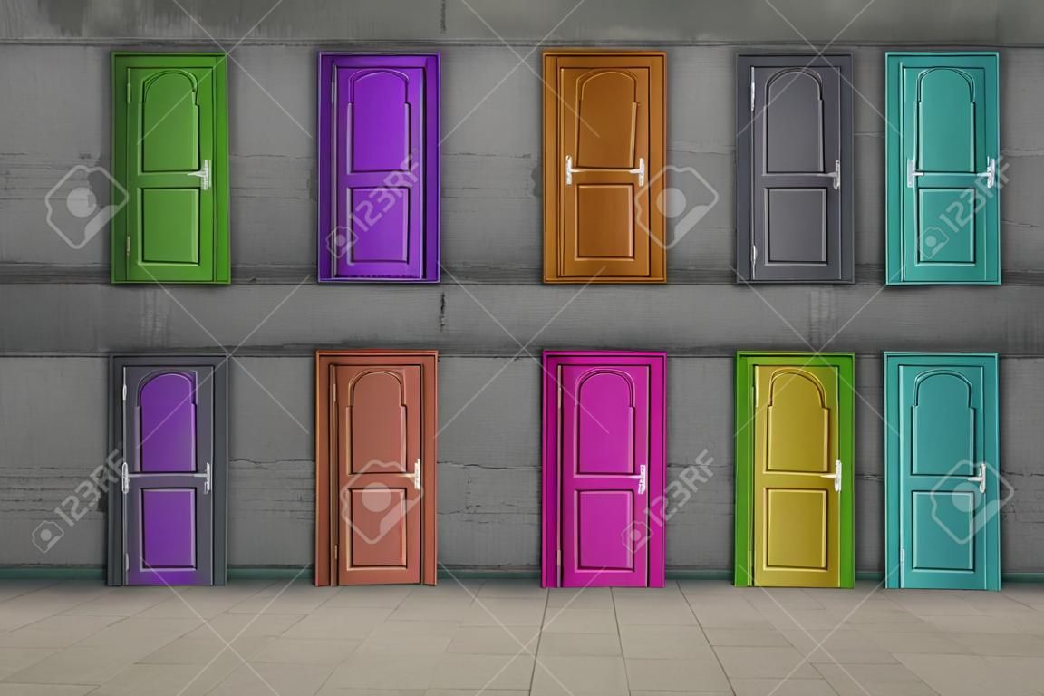 Plusieurs portes de couleurs différentes sur un mur. Concept de décision difficile. Il s'agit d'une illustration de rendu 3d.