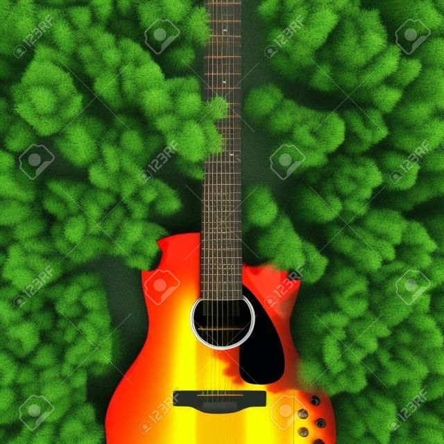 Aerial view of a guitar as a highway in the forest leading  . This is a 3d render illustration .