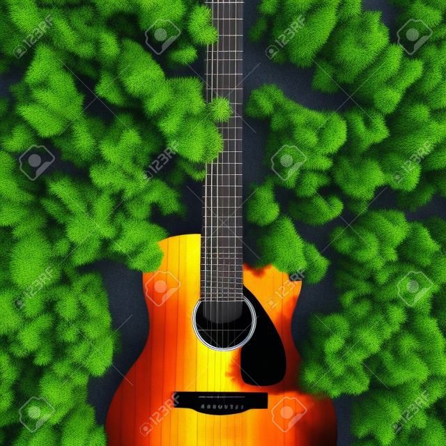 Aerial view of a guitar as a highway in the forest leading  . This is a 3d render illustration .