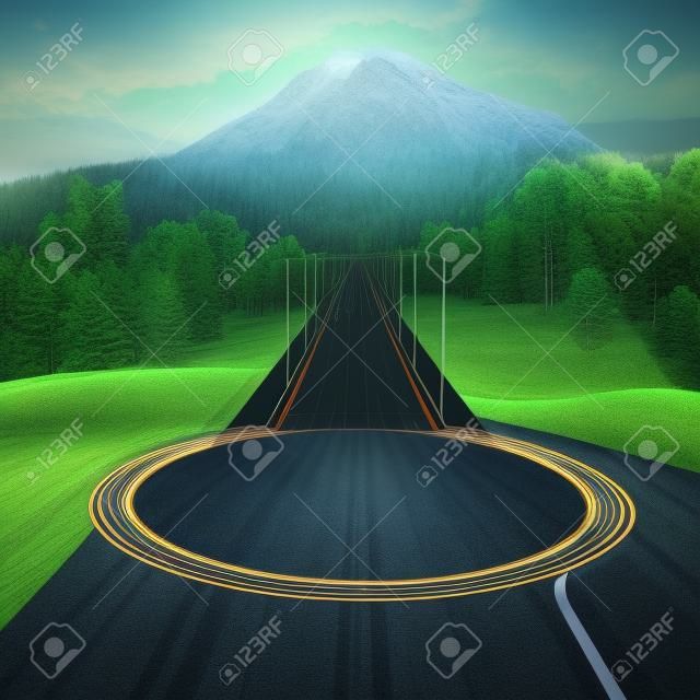Guitar as a highway in the forest leading to a mountain . This is a 3d render illustration .