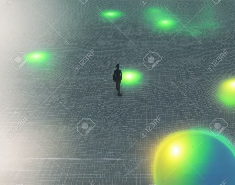 Man walking on ground full of math forumlas . Education and problem solving concept . This is a 3d render illustration .