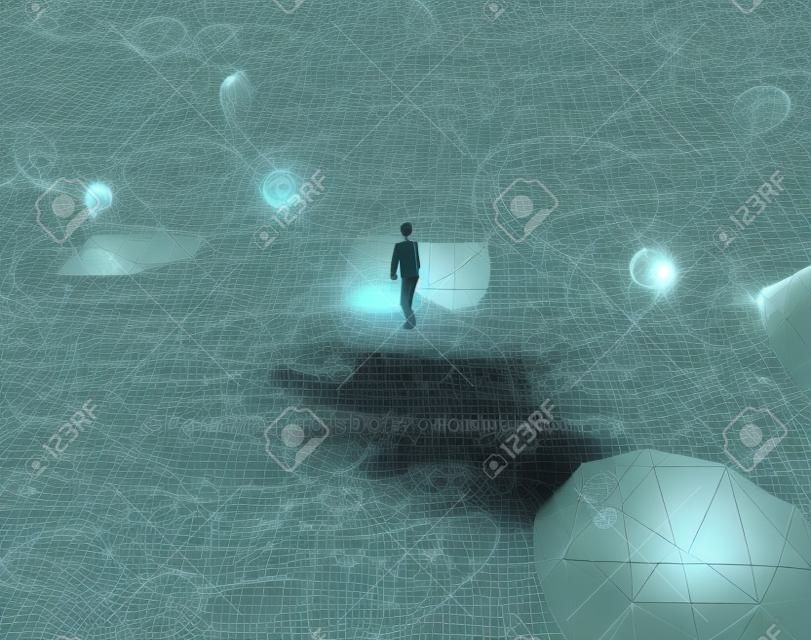 Man walking on ground full of math forumlas . Education and problem solving concept . This is a 3d render illustration .