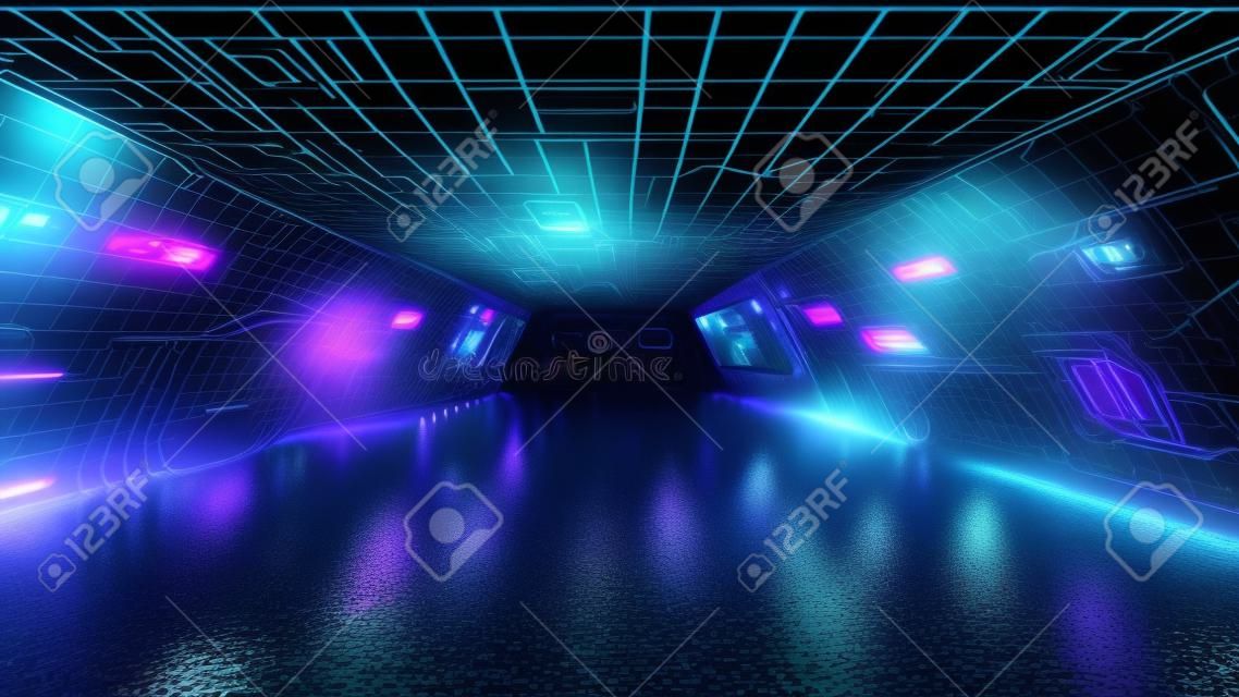 Futuristic sci fi tunnel with data neon lights and screens. Metaverse and hi tech concept . This is a 3d render illustration .