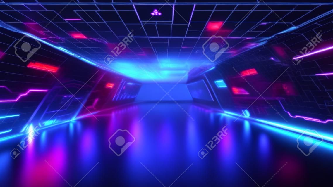Futuristic sci fi tunnel met data neon verlichting en schermen. Metaverse en hi tech concept. Dit is een 3d render illustratie.