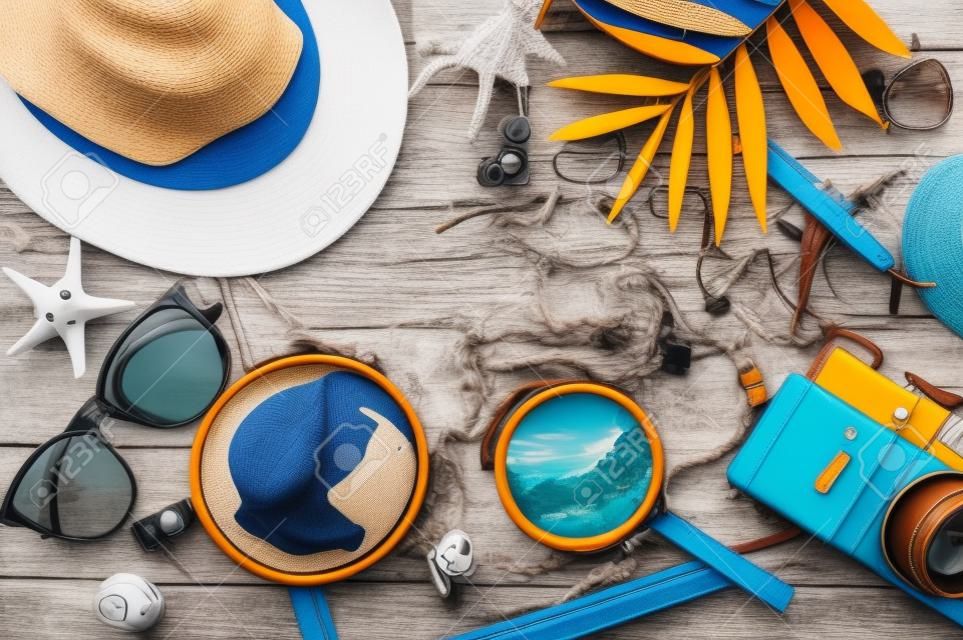 Overhead view of Traveler's accessories. Essential vacation items. Travel concept background. Flat lay