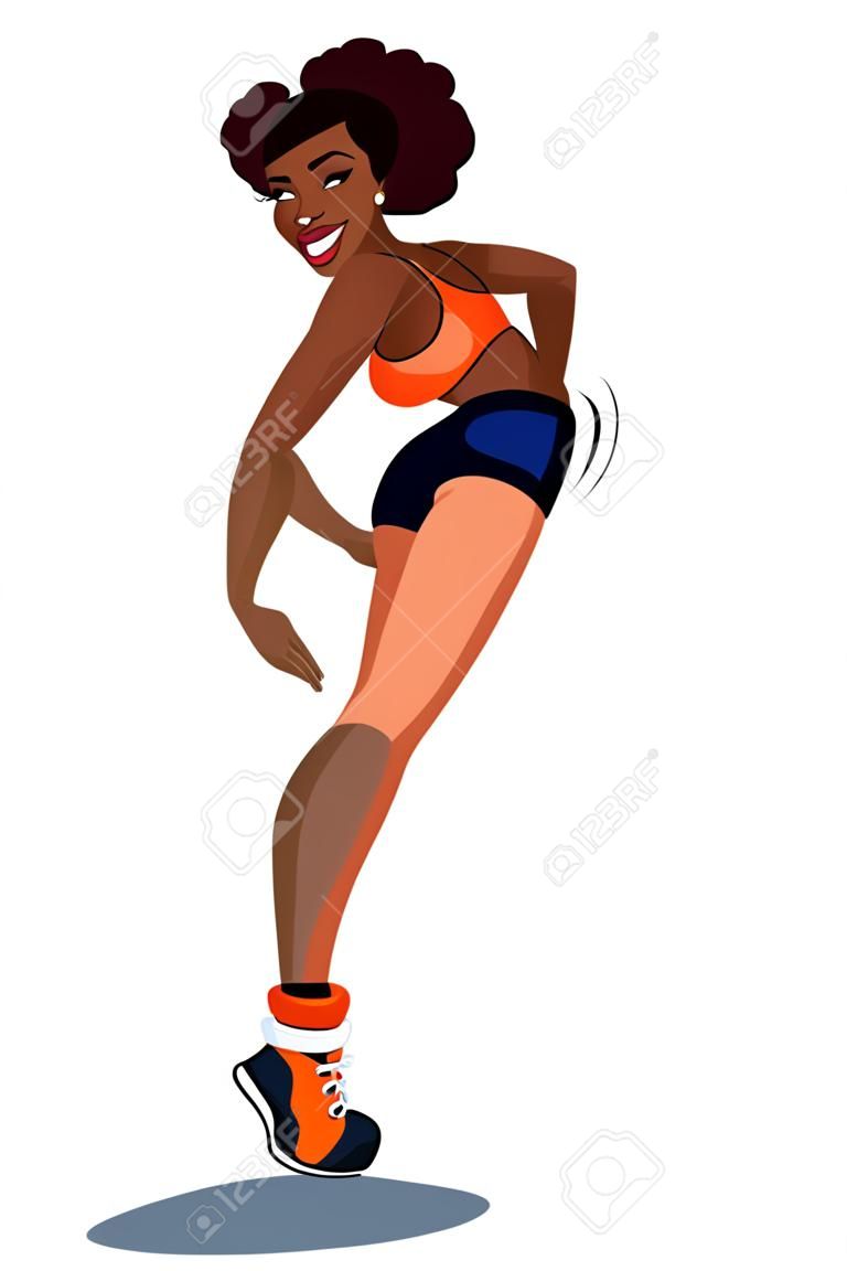 Twerk dance. Mulher preta. Ilustração vetorial. Mulher no sutiã de esporte laranja e shorts azuis dançando twerk meio sentado. ilustração de desenho animado isolada em um fundo branco.