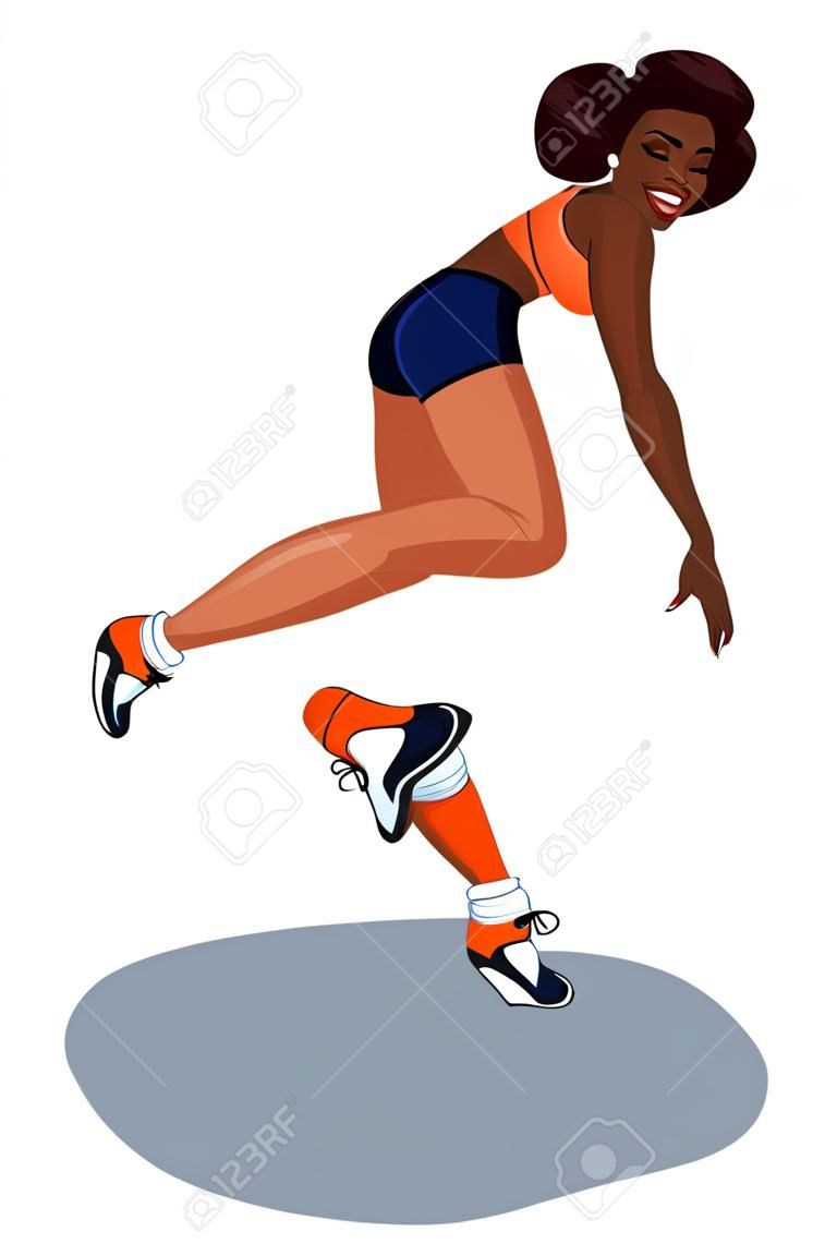 Twerk dance. Mulher preta. Ilustração vetorial. Mulher no sutiã de esporte laranja e shorts azuis dançando twerk meio sentado. ilustração de desenho animado isolada em um fundo branco.