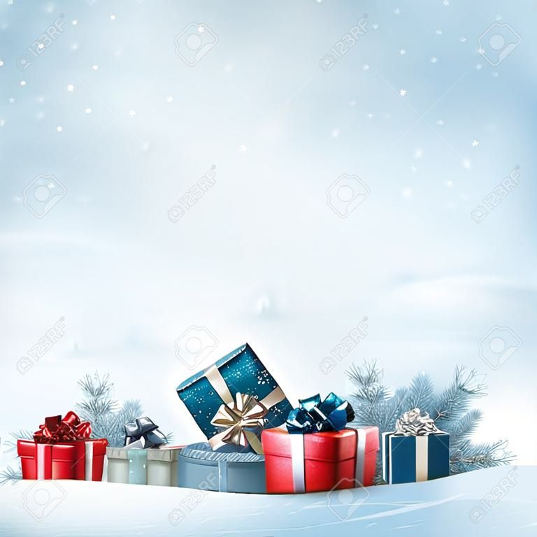 Fondo de vacaciones de Navidad con una frontera de cajas de regalo. Vector.