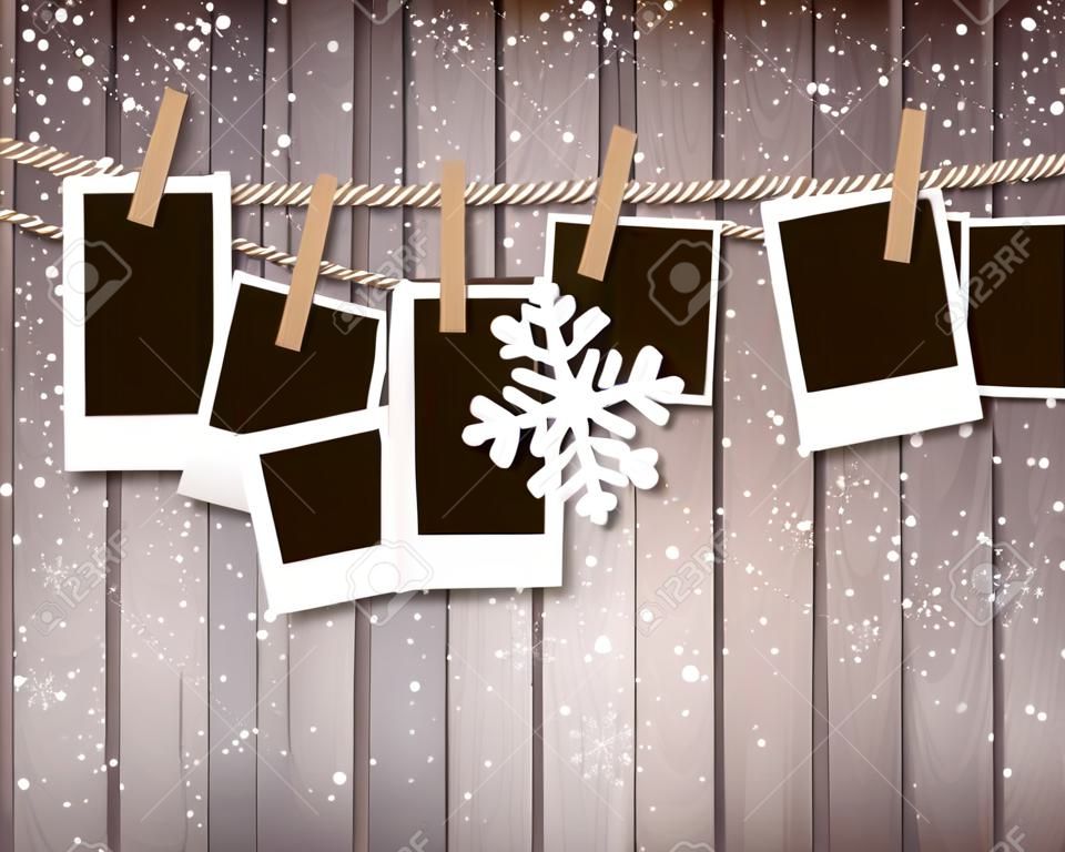 Christmas background with photos and a snowflake. Vector.