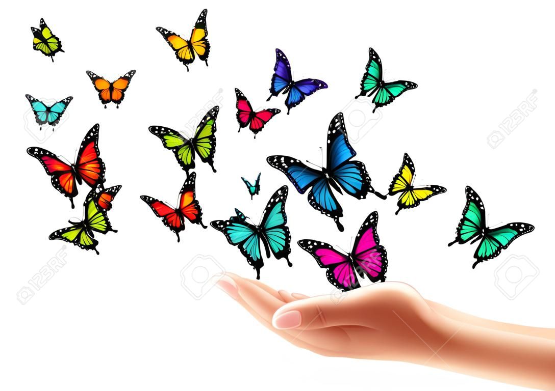 Manos liberar mariposas de colores. ilustración vectorial