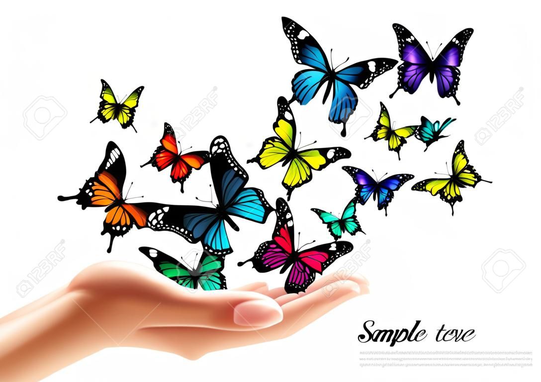 Mani che liberano farfalle colorate. Illustrazione vettoriale