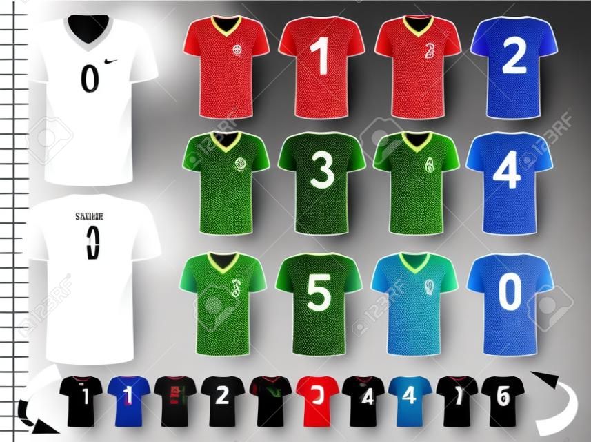 Collection of various colorful soccer jerseys with numbers. The T-shirt is transparent and can be used as a template with your own design. Vector.