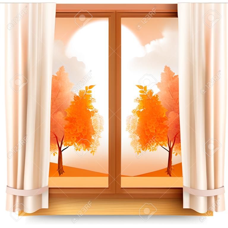 Fondo di autunno della natura con la struttura della finestra di legno con il vettore delle tende