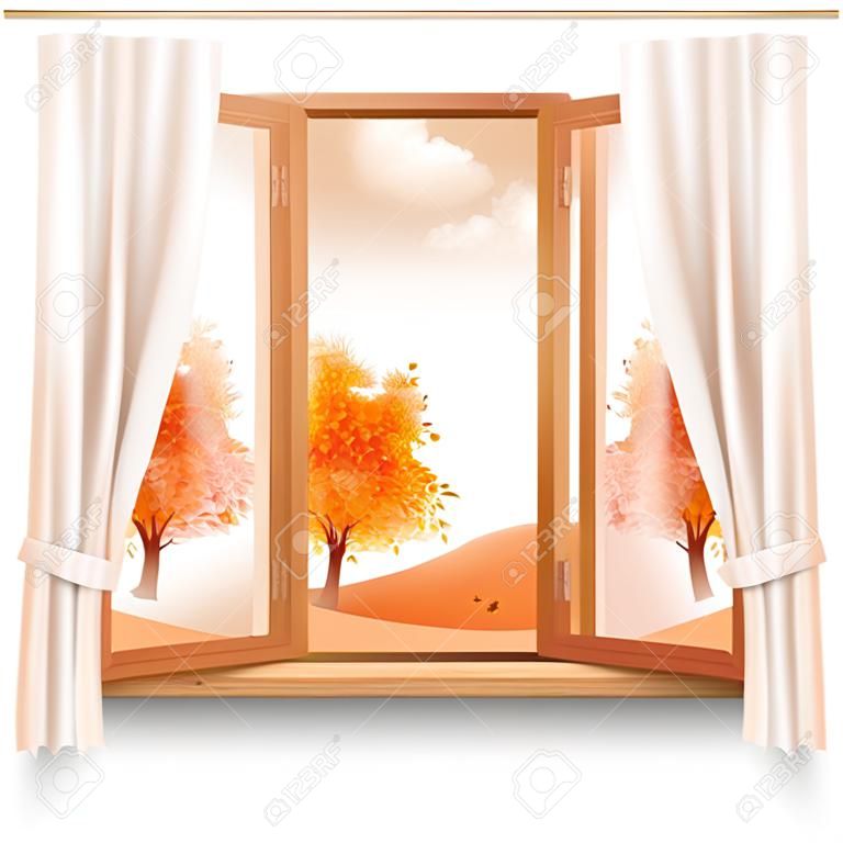 Fondo di autunno della natura con la struttura della finestra di legno con il vettore delle tende
