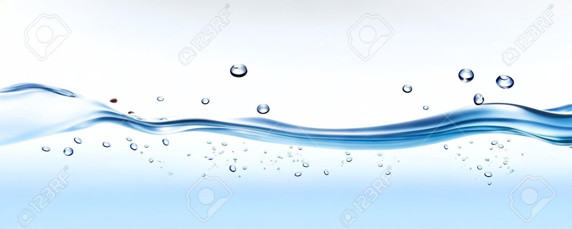 Onde di acqua trasparenti realistiche con bolle d'aria e raggi di sole su sfondo trasparente. illustrazione vettoriale