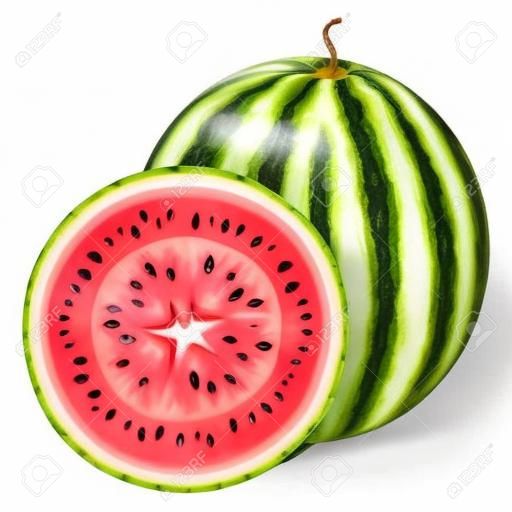 Vers geheel en half watermeloen fruit geïsoleerd op witte achtergrond. Zomervruchten voor een gezonde levensstijl. Biologisch fruit. Cartoon stijl.