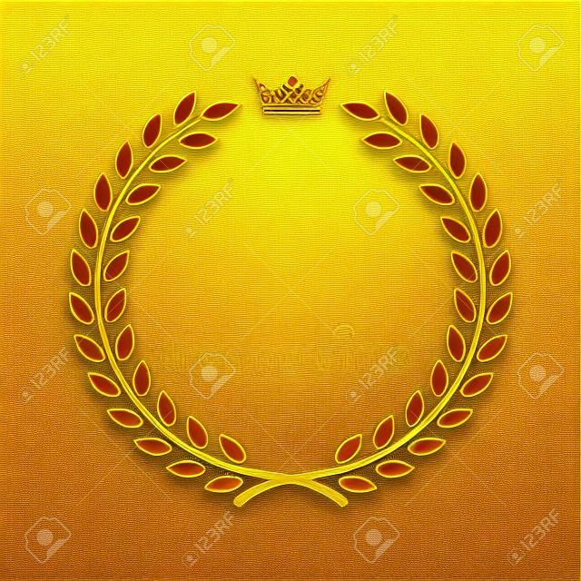 クラウンとゴールドの月桂樹の花輪。黄金葉のエンブレム。ビンテージのデザインは、白い背景で隔離。バナー賞記章のための装飾。スポーツの勝利、勝利の象徴トロフィー。ベクトルの図。