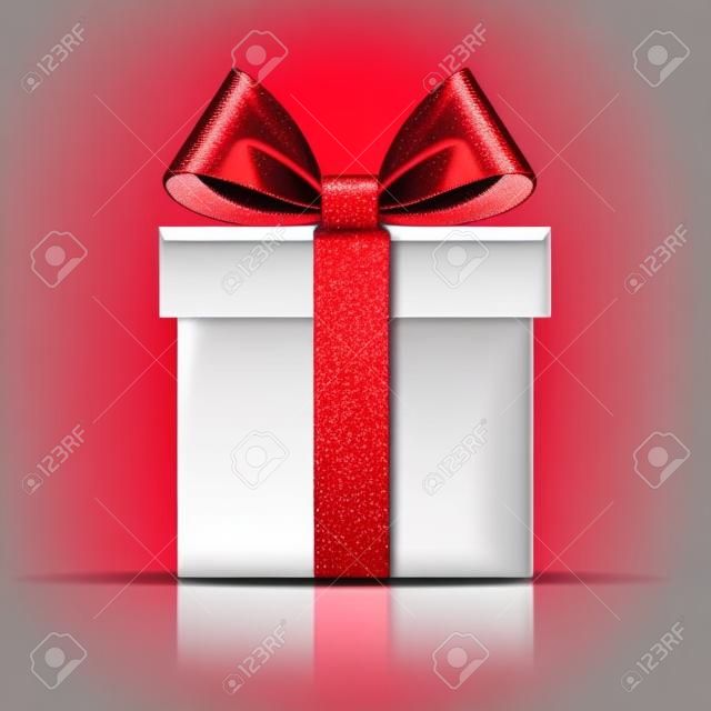 Cadeau doos pictogram. Verrassing aanwezig sjabloon, rode lint strik, geïsoleerde witte achtergrond. 3D-ontwerp decoratie voor Kerstmis, Nieuwjaar vakantie, verjaardag viering, Valentijnsdag Vector illustratie