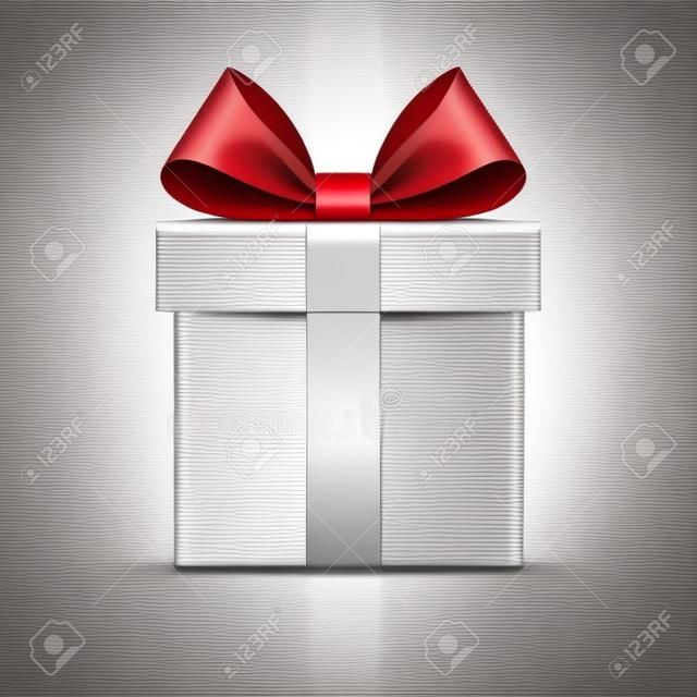 Cadeau doos pictogram. Verrassing aanwezig sjabloon, rode lint strik, geïsoleerde witte achtergrond. 3D-ontwerp decoratie voor Kerstmis, Nieuwjaar vakantie, verjaardag viering, Valentijnsdag Vector illustratie