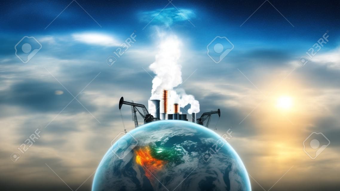 Concept pollution of the environment. Oil rigs and an atomic plant on the planet earth