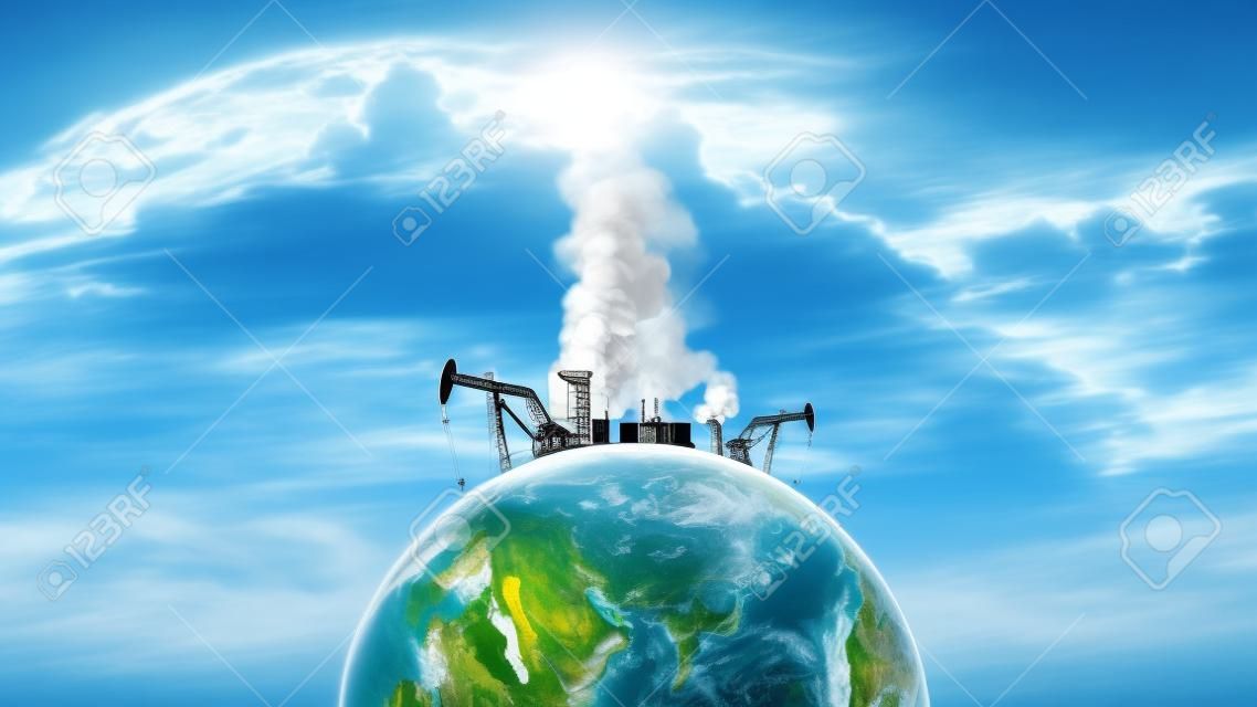 Concepto de contaminación del medio ambiente. Plataformas petroleras y una planta atómica en el planeta tierra