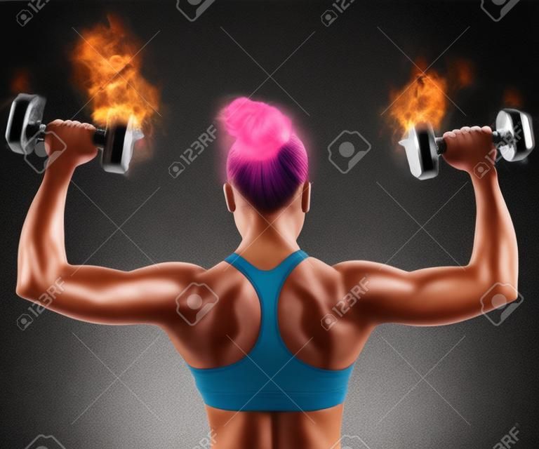 Gym woman train de retour avec des haltères de feu
