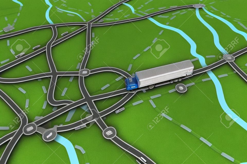 Representación 3D de itinerario de transporte con camion