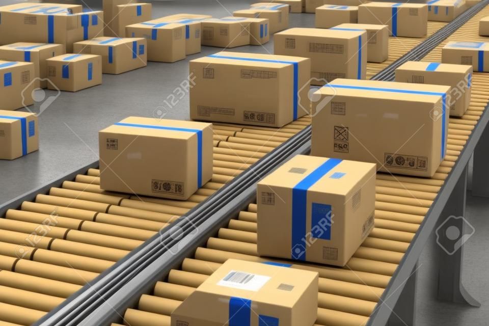 Boxes on conveyor roller. 3D Rendering