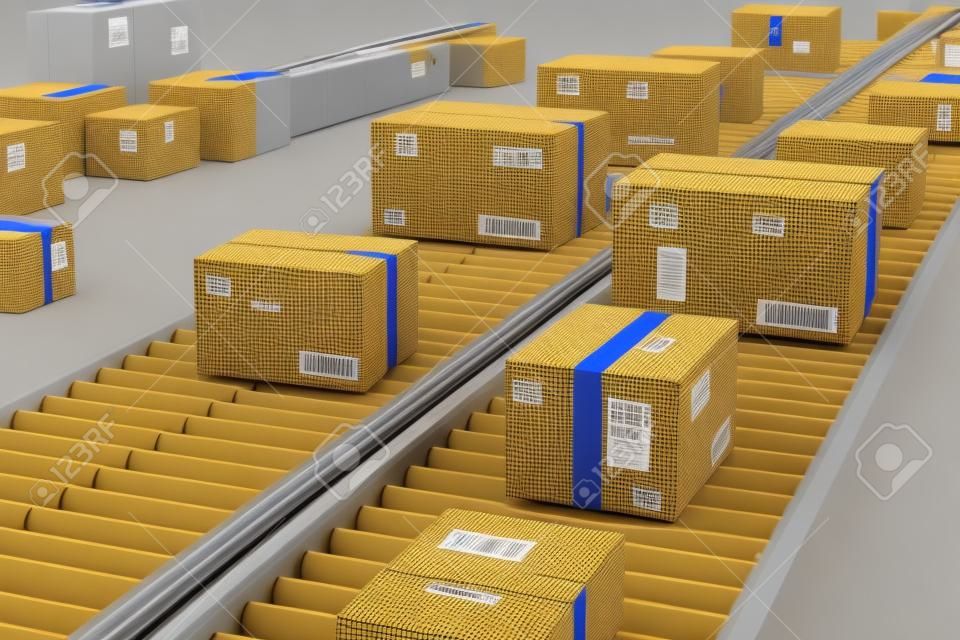 Boxes on conveyor roller. 3D Rendering