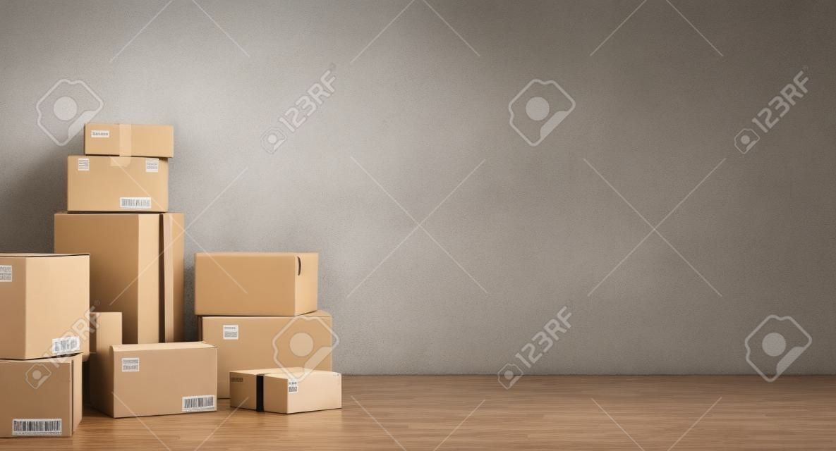 Stack of closed cardboard boxes wrapped with adhesive on the floor. Concept of moving and shipping