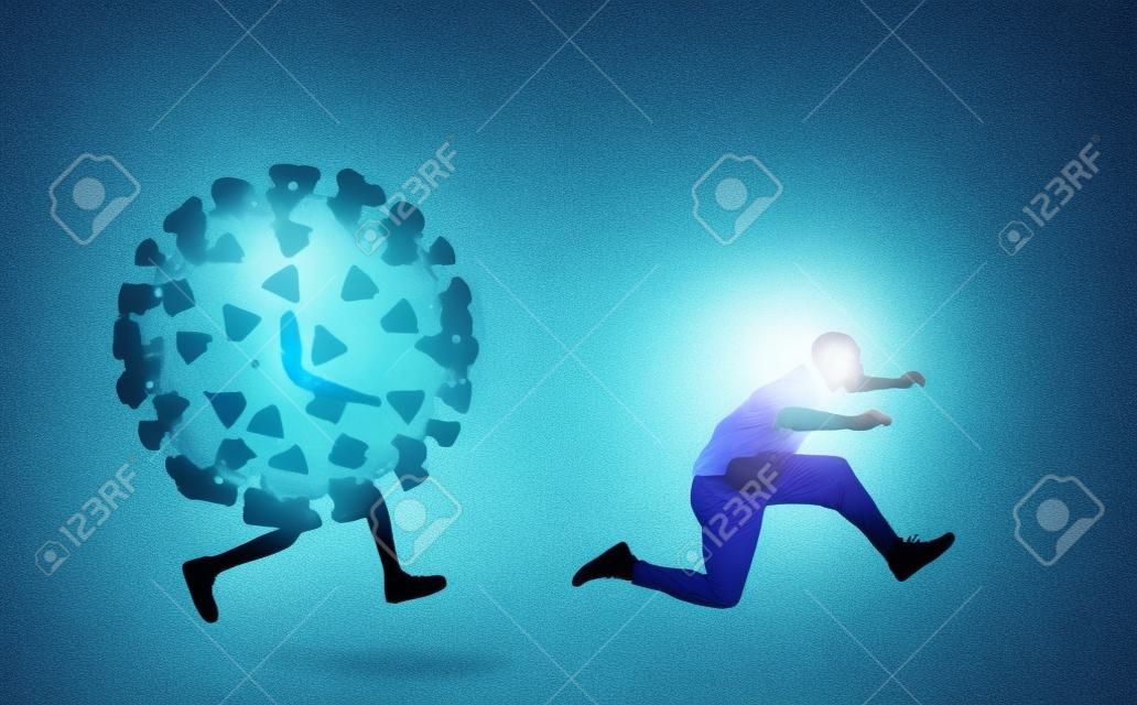 Doctor with protective mask is running away from the virus that tries to infect him
