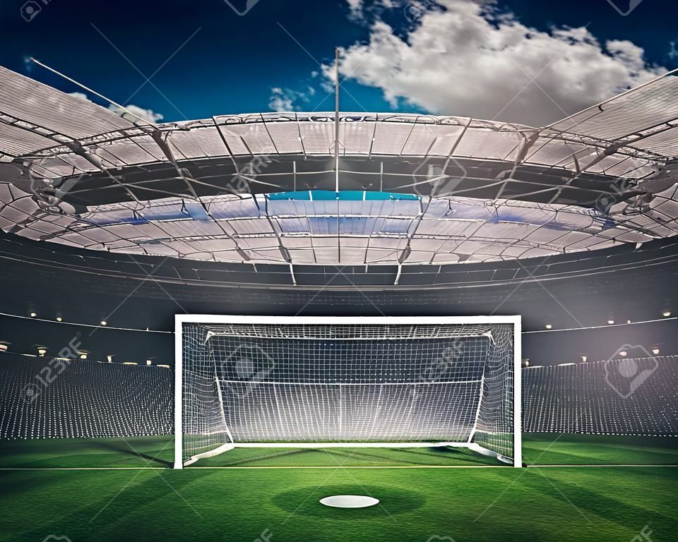 Voetbal doelpunt en staat in het stadion. 3D rendering