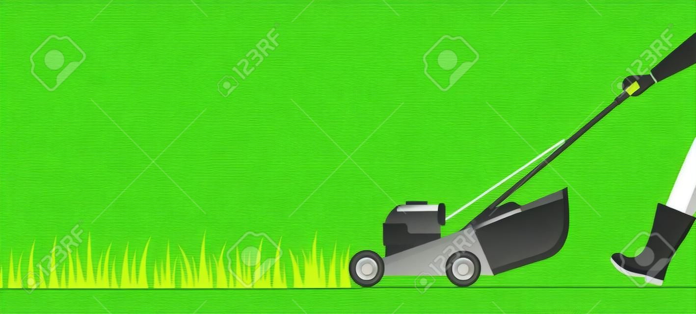 Man cutting grass with lawn mover. Gardener with a mowing machine, copy space. Flat vector illustration
