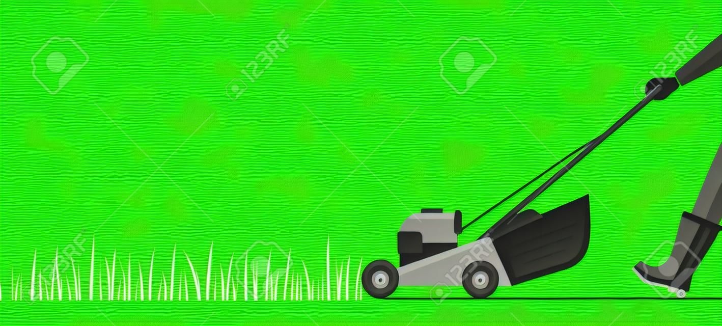 Man cutting grass with lawn mover. Gardener with a mowing machine, copy space. Flat vector illustration