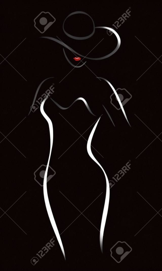 Silhouette van een elegante dame met een hoed en rode lippenstift