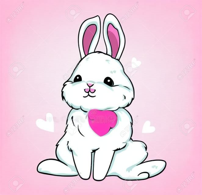 Hand Drawn Cute Bunny and heart on a pink background. Print design rabbit. Children Print on t-shirt. Vector illustration