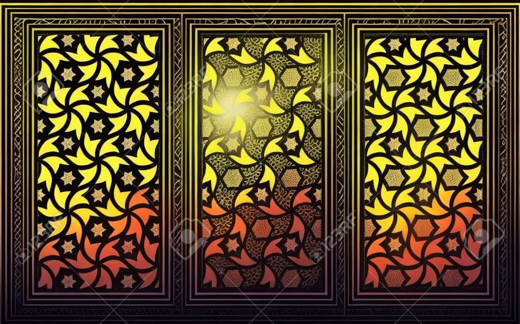 Jali laser pattern design. Set of decorative vector panels for laser cutting. Jali template for interior partition in islamic style. Ratio 1 2