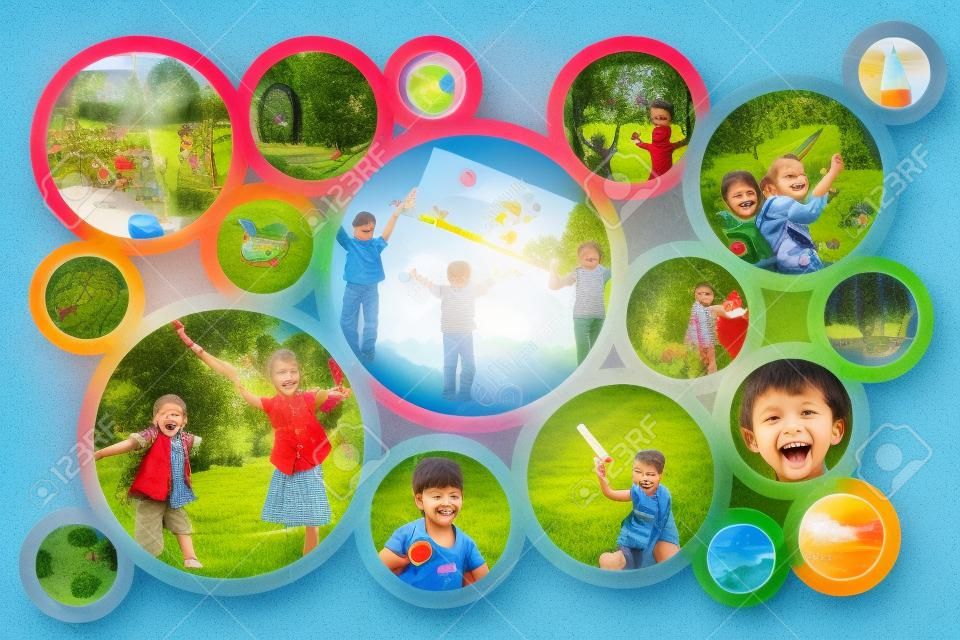 Collage of happy children playing outdoors at the day time. Concept of science and education.