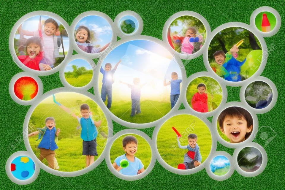 Collage of happy children playing outdoors at the day time. Concept of science and education.