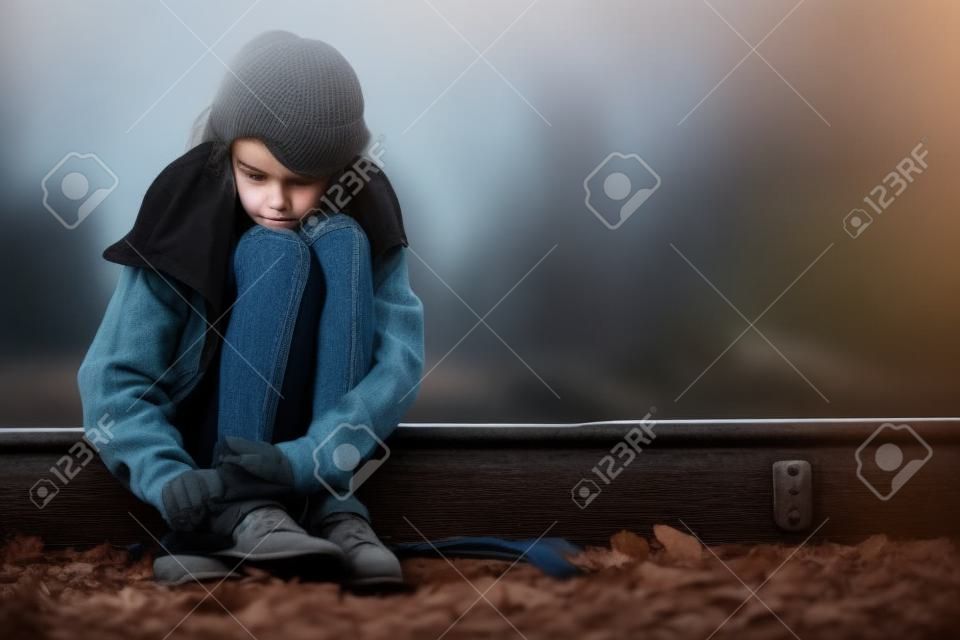 Portret młodej smutnej dziewczyny siedzącej na zewnątrz na kolei w pojęciu smutku w ciągu dnia