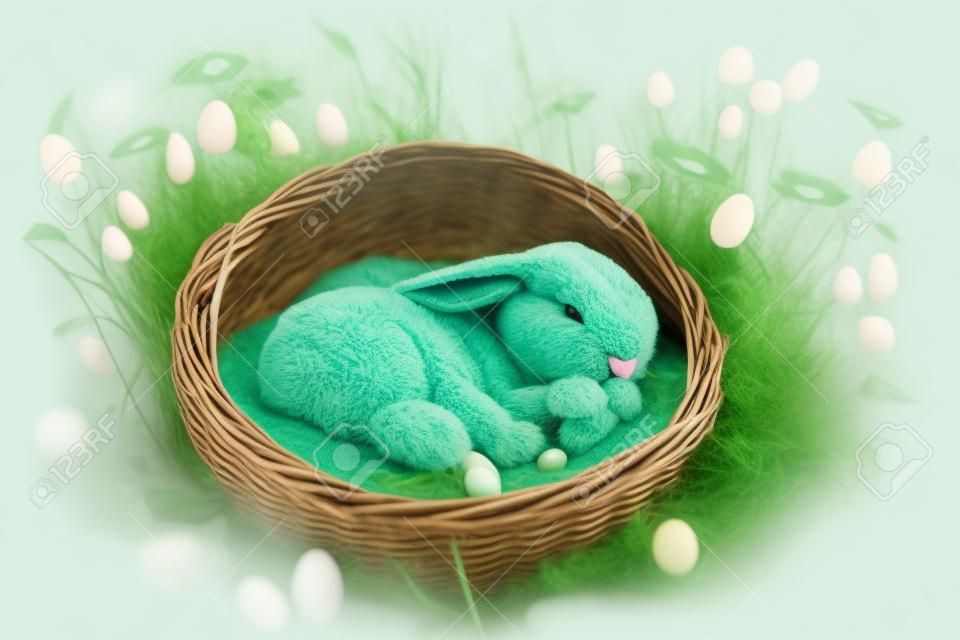 Il simpatico coniglietto di pasqua dorme nel cesto nella radura verde