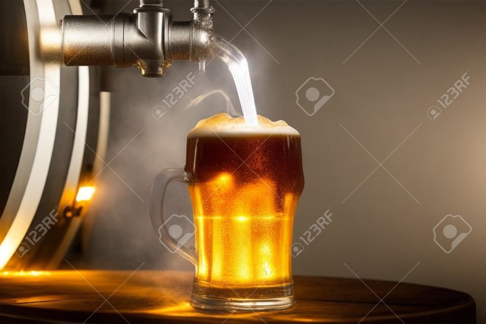 Light beer is poured from barrel using simple beer tap