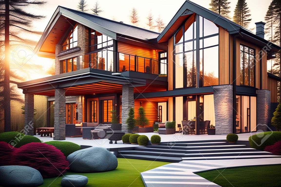 Zweistöckiges Landhaus aus Stein und Holz mit moderner Hausfassade