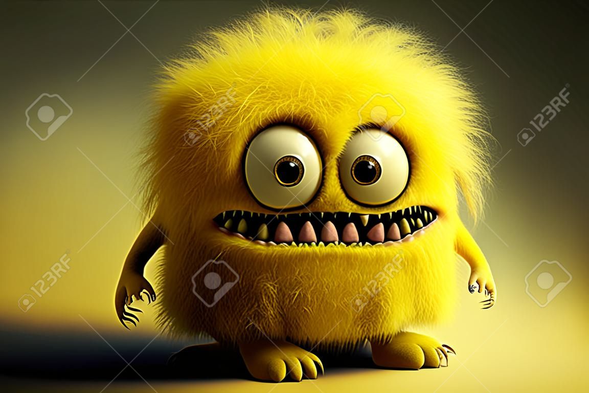 bright yellow cute little furry monster with teeth
