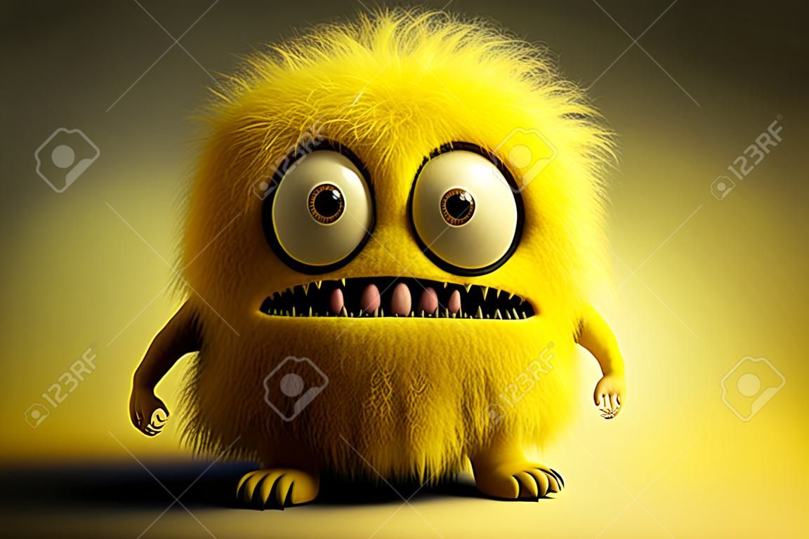 bright yellow cute little furry monster with teeth