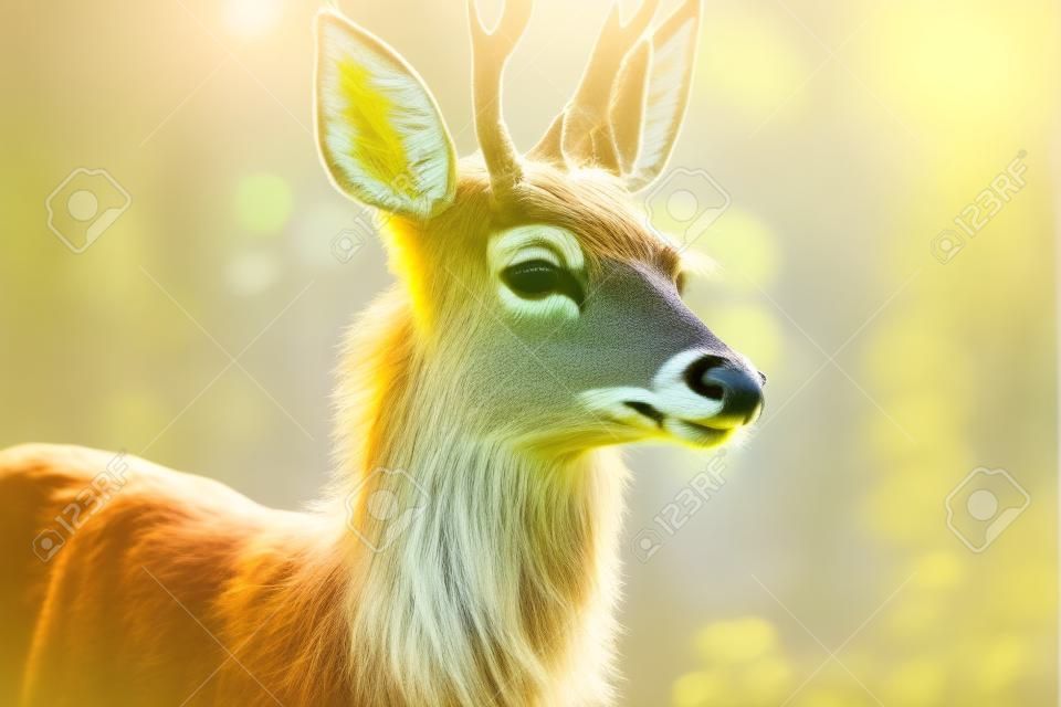 yellow-haired deer looks at the spring sun with its ears raised on blurred background of forest, generative ai
