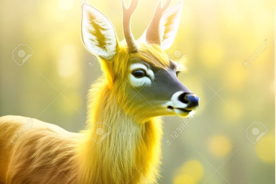 yellow-haired deer looks at the spring sun with its ears raised on blurred background of forest, generative ai