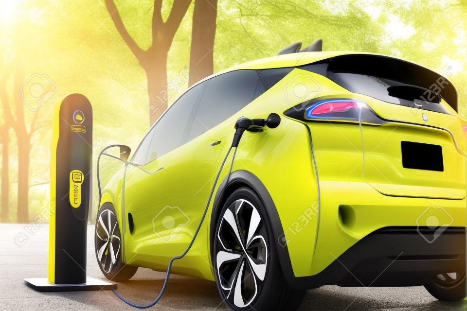 yellow autonomous electric car charging by current in sunlight