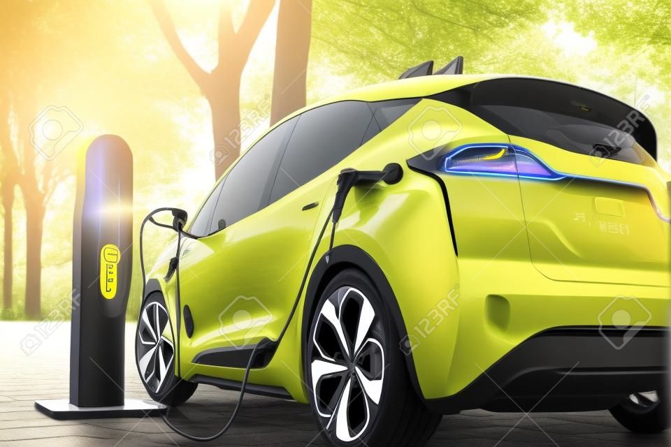 yellow autonomous electric car charging by current in sunlight