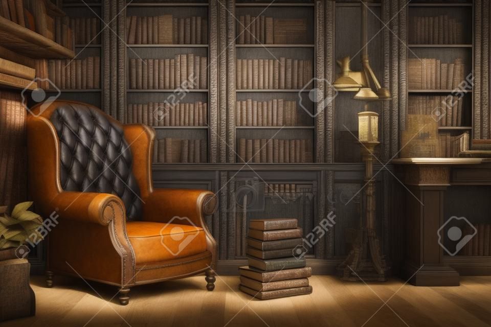 Immagini Stock - Interno Di Biblioteca Classica Con Poltrona Antica E  Rendering 3d Per Libreria. Image 205174422